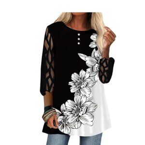Women’s Floral Mesh Tunic Top Casual Loose Fit 3/4 Sleeve Blouse, Black & White